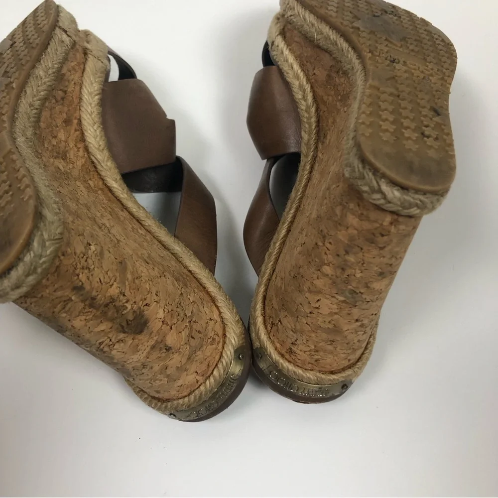 Jimmy Choo Cork Wedge 38 Heels Sandals Camel Brown Leather Strappy Shoes